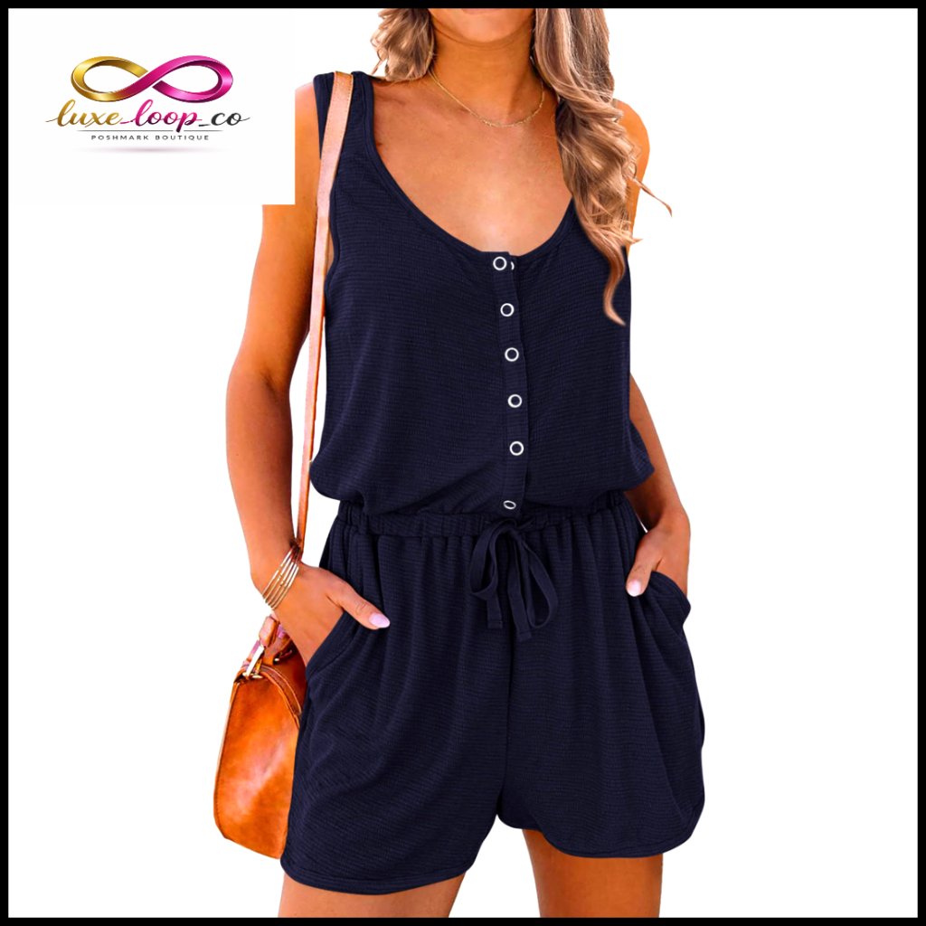 Large Sleeveless Romper With Pockets, Button Front, Drawstring Waist